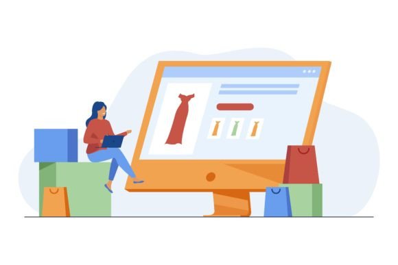 Tiny Woman Choosing Dress in Online Store: A Visual Anchor for Digital Commerce